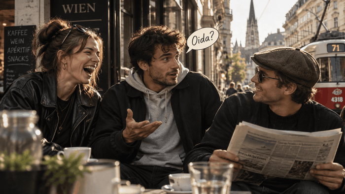 Gruppe von Menschen im Gespräch in einem Wiener Lokal – Symbolbild für das Wiener Wort Oida (KI-generiert)
