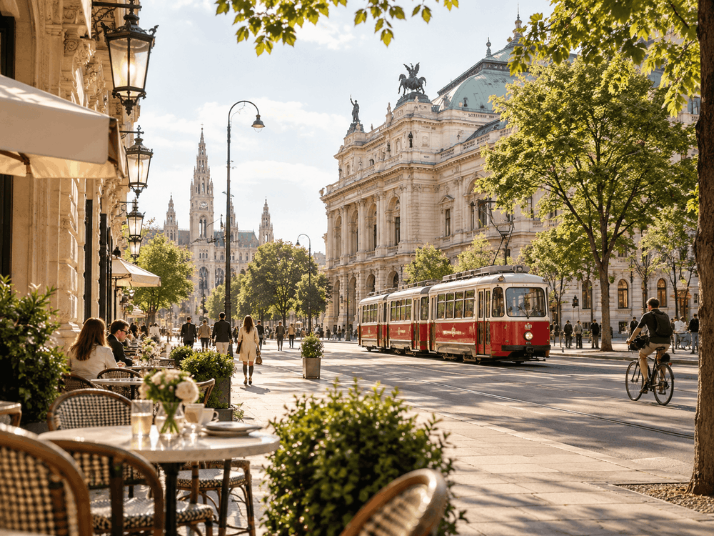 Straßenbahn in Wien mit historischer Architektur bei Tageslicht – Symbolbild für Wiens Platz im Ranking der lebenswertesten Städte (KI-generiert)