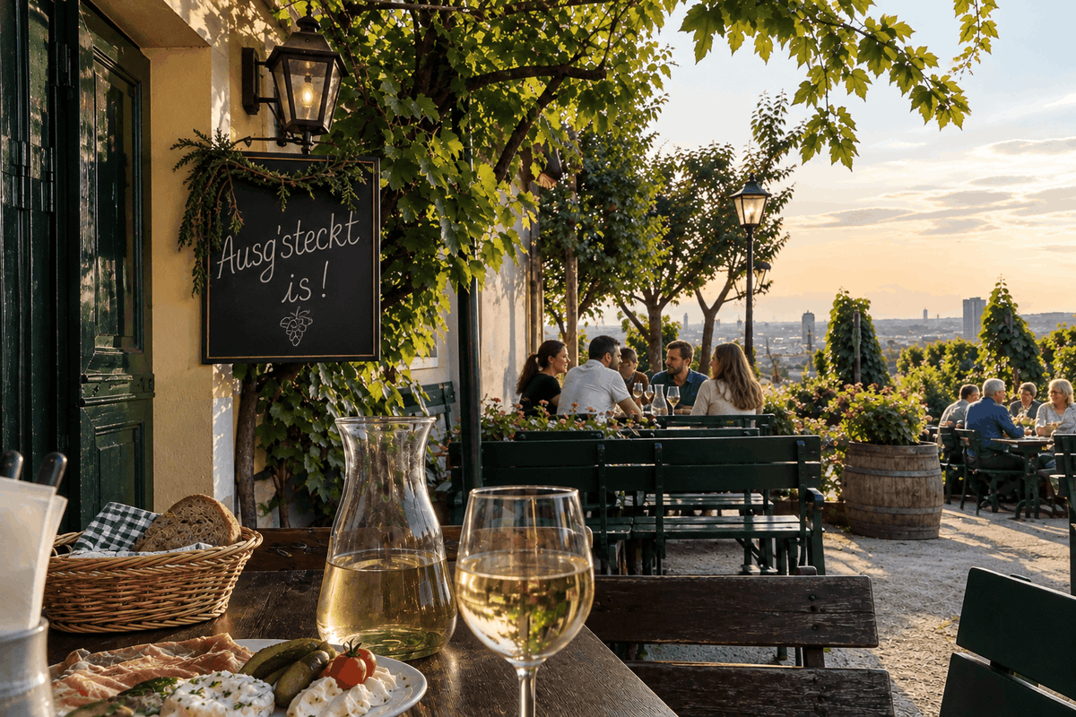 Heurigengarten in Wien mit Tafel „Ausg'steckt is!“, Weißwein im Vordergrund und Blick über die Stadt (KI-generiert)