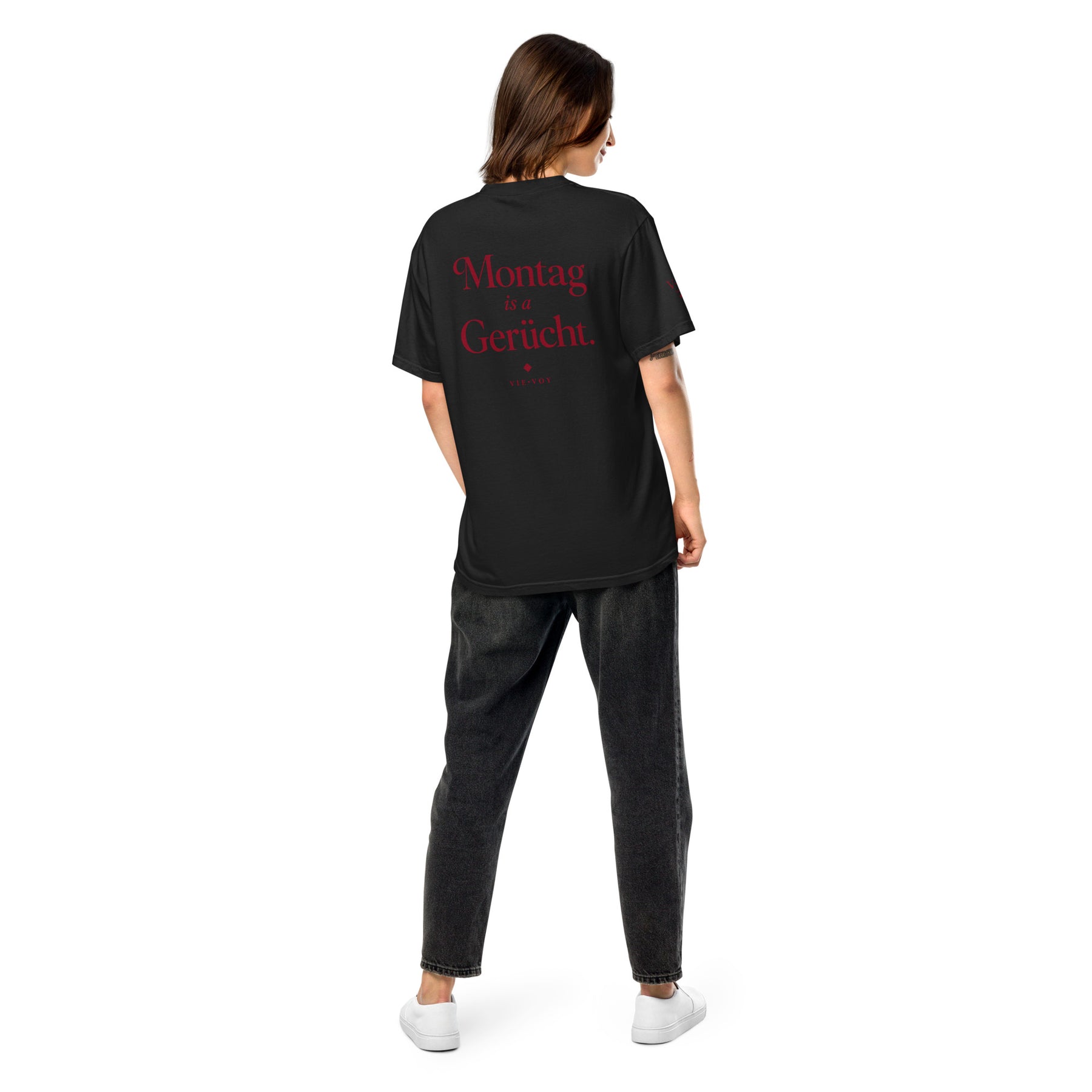 T-Shirt „Montag is a Gerücht.“ – Farbe Black, Rückansicht
