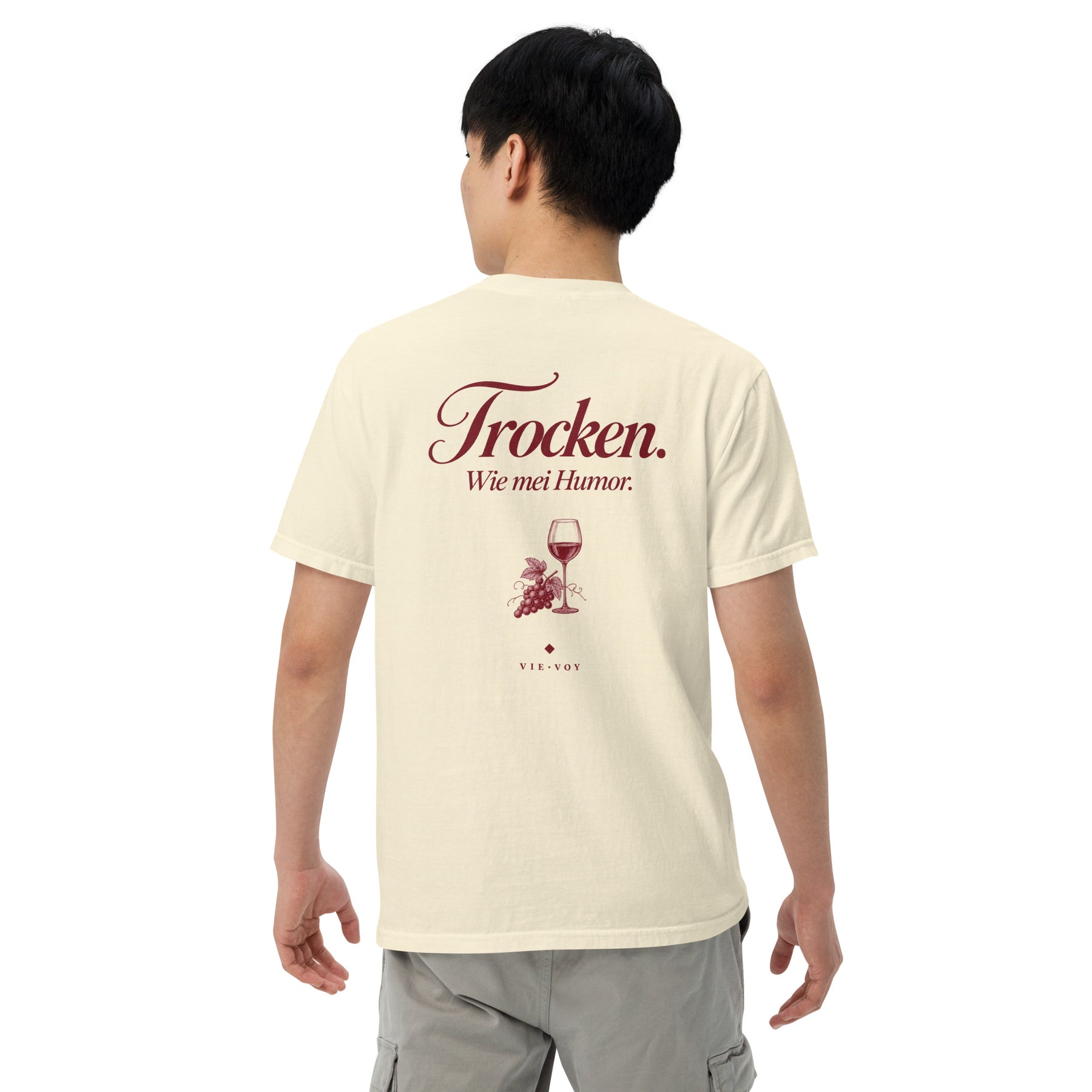 T-Shirt „Trocken. Wie mei Humor.“ – Farbe White, Vorder- und Rückansicht
