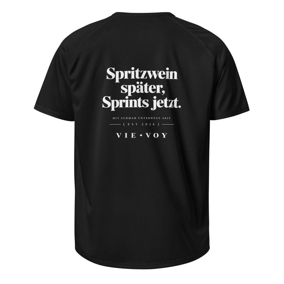 T-Shirt „Spritzwein später, Sprints jetzt.“ – Farbe Schwarz, Rückansicht