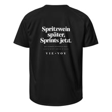 T-Shirt „Spritzwein später, Sprints jetzt.“ – Farbe Schwarz, Rückansicht