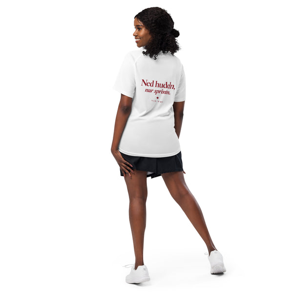 T-Shirt „Ned hudeln, nur sprinten.“ Run Club Edition – Farbe White, Rückansicht