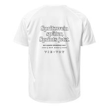 T-Shirt „Spritzwein später, Sprints jetzt.“ – Farbe Weiß, Rückansicht